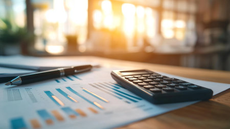 A close-up of business documents, a calculator, and a pen on a desk, with a focus on a financial report and charts, emphasizing productivity and organization.の素材
