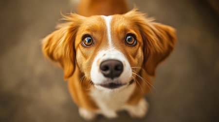 A cute dog with big, soulful eyes and a wagging tail, looking up at the camera with a loving and attentive expression.の素材