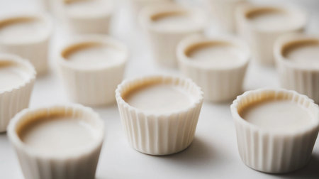 A close-up of delicate Thai coconut milk custard cups, highlighting their smooth texture and soft pastel colors on a clean white surface.の素材