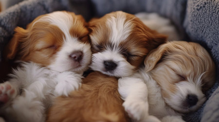 A group of small, fluffy puppies snuggled together in a cozy bed, highlighting their endearing features and the warmth of their companionship.の素材