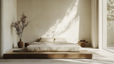 A minimalist bedroom with a low-profile bed, neutral bedding, and a few decorative elements, highlighting the simplicity and elegance of the design.の素材