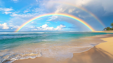A serene image of a rainbow over a coastal beach, with gentle waves and sandy shores creating a peaceful setting under the colorful arc.の素材