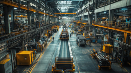 A wide-angle view of a bustling industrial factory floor with machinery, conveyor belts, and workers in safety gear, highlighting the scale and activity of the manufacturing process.の素材