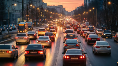 A wide-angle view of a traffic jam on a major road, with cars lined up and brake lights visible, depicting a typical rush hour scenario.の素材