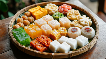 A traditional Thai sweet platter featuring an assortment of bite-sized treats like Thai jelly squares, steamed buns, and sticky rice cakes, arranged attractively.の素材