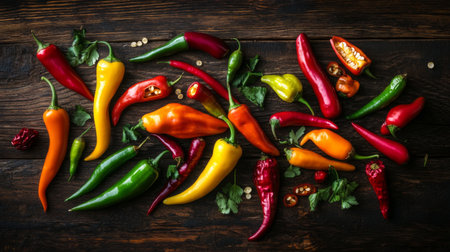 A vibrant close-up of various colorful chili peppers spread out on a rustic wooden table, highlighting their textures and rich hues.の素材