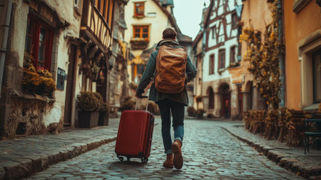 A traveler pulling a suitcase down a cobblestone street in a charming old town, surrounded by historic buildings and a sense of wanderlust.の素材