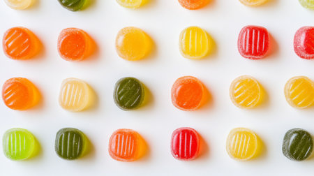 A vibrant image of multiple hard candies in various flavors and colors, arranged in a pattern or grid on a white background to create a visually appealing effect.の素材
