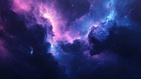 An abstract background with a cosmic theme, featuring swirling nebulae and star clusters in deep blues and purples, evoking a sense of space and mystery.の素材