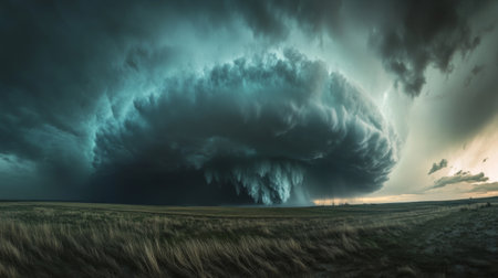 A wide-angle view of a violent hailstorm with large hailstones hitting the ground, creating a dramatic impact and a stark contrast against a darkened sky.の素材