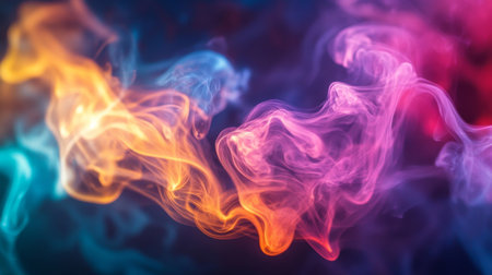 A vibrant swirl of multicolored cigarette smoke drifting through the air, creating a mesmerizing blend of hues against a dark background.の素材