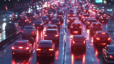 A wide-angle view of a traffic jam on a major road, with cars lined up and brake lights visible, depicting a typical rush hour scenario.の素材