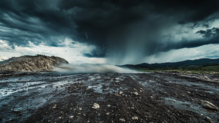 A wide-angle view of a violent hailstorm with large hailstones hitting the ground, creating a dramatic impact and a stark contrast against a darkened sky.の素材