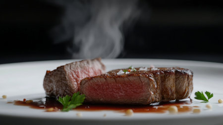 An appetizing view of a steak being sliced, with juices and steam visible, on a white plate with a white background to emphasize the dish freshness.の素材