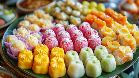 Close-up of a colorful array of Thai desserts, such as khanom krok and bua loy, arranged beautifully on a plate with intricate details visible.の素材