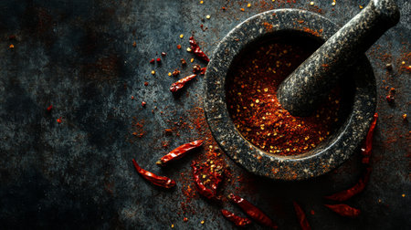 An artistic image of a mortar and pestle with ground spices, including crushed chili peppers, and scattered chili flakes on a dark, textured background.の素材