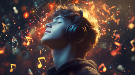 A young man with headphones on, surrounded by musical notes, representing the connection between music and deep, reflective thoughts.の素材