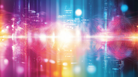 An abstract image illustrating electromagnetic waves with energy pulses and varying wavelengths, set against a futuristic, gradient-colored backdrop.の素材