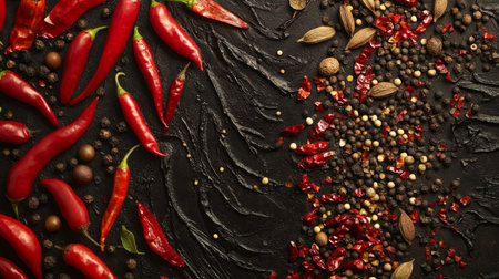 An artistic close-up of chili peppers and whole spices arranged in a visually appealing pattern on a dark background, highlighting their vibrant colors and textures.の素材