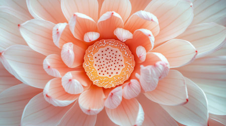 Detailed shot of a blooming lotus flower, capturing the soft pink hues and the symmetrical arrangement of petals.の素材