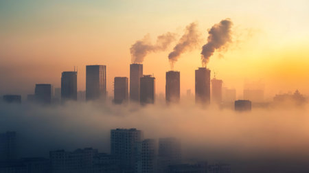 An image of smog and pollution enveloping a city skyline, representing the contribution of industrial emissions to global warming and poor air quality.の素材