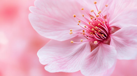 Macro image of a blooming cherry blossom, emphasizing the delicate pink petals and the intricate details of the flower center.の素材