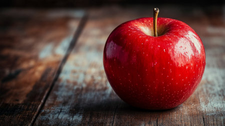 Close-up of a red apple with a shiny surface, emphasizing its round shape and vibrant color on a rustic wooden table.の素材