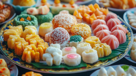 Close-up of a colorful array of Thai desserts, such as khanom krok and bua loy, arranged beautifully on a plate with intricate details visible.の素材