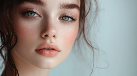 A young woman with elegant makeup, including shimmery eyeshadow and soft pink lips, gazing into the distance with a serene expression.の素材