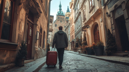 A traveler pulling a suitcase down a cobblestone street in a charming old town, surrounded by historic buildings and a sense of wanderlust.の素材