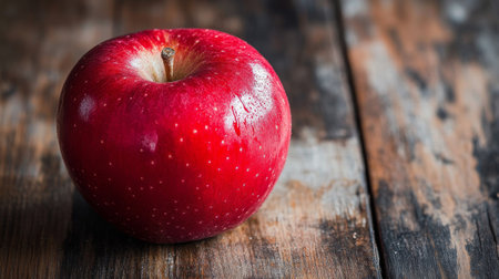 Close-up of a red apple with a shiny surface, emphasizing its round shape and vibrant color on a rustic wooden table.の素材