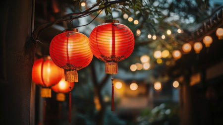Red lanterns hanging in a row, glowing softly in the evening light, creating a warm and festive atmosphere.の素材