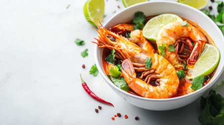 A beautifully arranged bowl of spicy Tom Yum Goong with shrimp, garnished with lime slices and fresh cilantro, set on a white surface.の素材