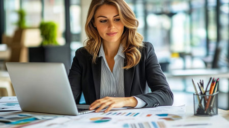 A businesswoman working at her desk with a laptop and financial documents, dressed in a smart blouse and blazer, in a well-organized and stylish office environment.の素材