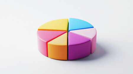 A 3D pie chart with colorful segments, floating above a white background, representing data distribution in a visually striking way.の素材