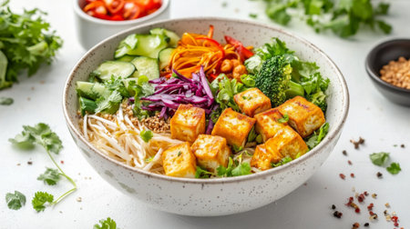 A bowl of noodles with a variety of vegetables and tofu, artistically presented on a white surface, showcasing a healthy and appetizing dish with vibrant colors.の素材