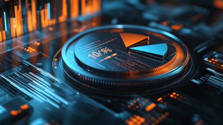 A 3D pie chart with metallic textures, each segment labeled with percentages, set on a high-tech digital interface background, emphasizing precision and accuracy.の素材