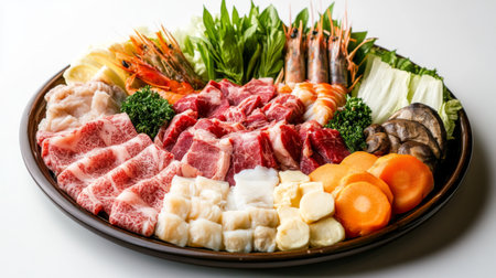 A beautifully arranged platter of shabu ingredients, including meat, seafood, and vegetables, on a white background, ready for cooking.の素材