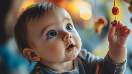 A baby with big, expressive eyes reaching out to touch a hanging mobile, capturing their fascination and engagement.の素材
