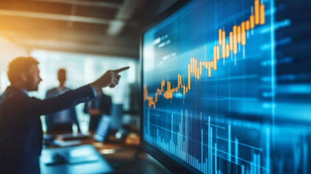 A business person pointing to a rising gold price chart on a large screen during a presentation, with colleagues observing, highlighting financial growth and investment opportunities.の素材