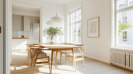 A bright and airy Nordic dining area with a simple wooden table, light-colored chairs, and a minimalistic pendant light, emphasizing functionality and eleganceの素材