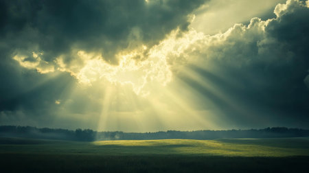 A beam of sunlight breaking through clouds over a serene landscape, highlighting the contrast between light and dark areas.の素材