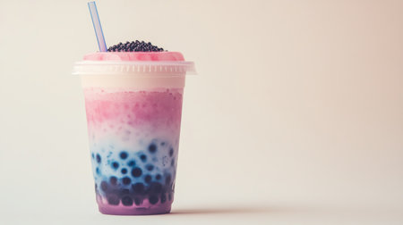 A beautifully arranged bubble tea with layered colors, topped with a lid and straw, placed on a white background for a clean and modern look.の素材