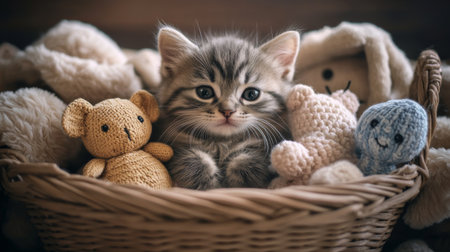 A charming shot of a kitten snuggled up in a basket surrounded by soft toys, with its tiny face and fluffy fur making for an irresistibly cute and cozy image.の素材