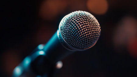 A close-up of a classic dynamic microphone with a metallic mesh head, set against a dark, blurred background to highlight its sleek design and textureの素材