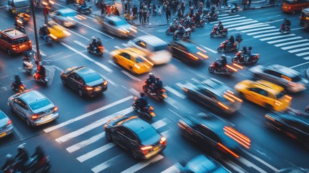 A busy city intersection during rush hour, with cars, motorcycles, and pedestrians moving in different directions, highlighting the chaotic yet organized flow of urban trafficの素材