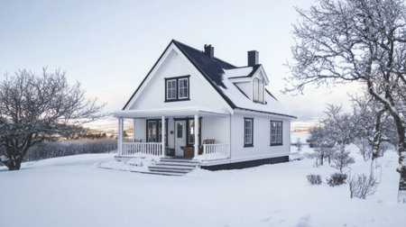 A charming Nordic-style home with a pitched roof, white facade, and cozy porch, nestled in a snowy landscape, reflecting classic Scandinavian architecture.の素材