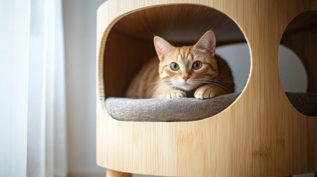 A charming cat house with a playful design, featuring a built-in scratching post and cozy nook, against a simple, uncluttered background.の素材