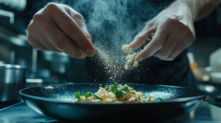 A chef hands sprinkling seasoning or herbs over a dish, with a focus on the action and the textures of the ingredients, set in a modern, well-equipped kitchen.の素材