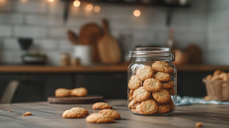 A charming image of a jar filled with homemade cookies, with a few cookies scattered around and a cozy, inviting kitchen atmosphere in the background.の素材